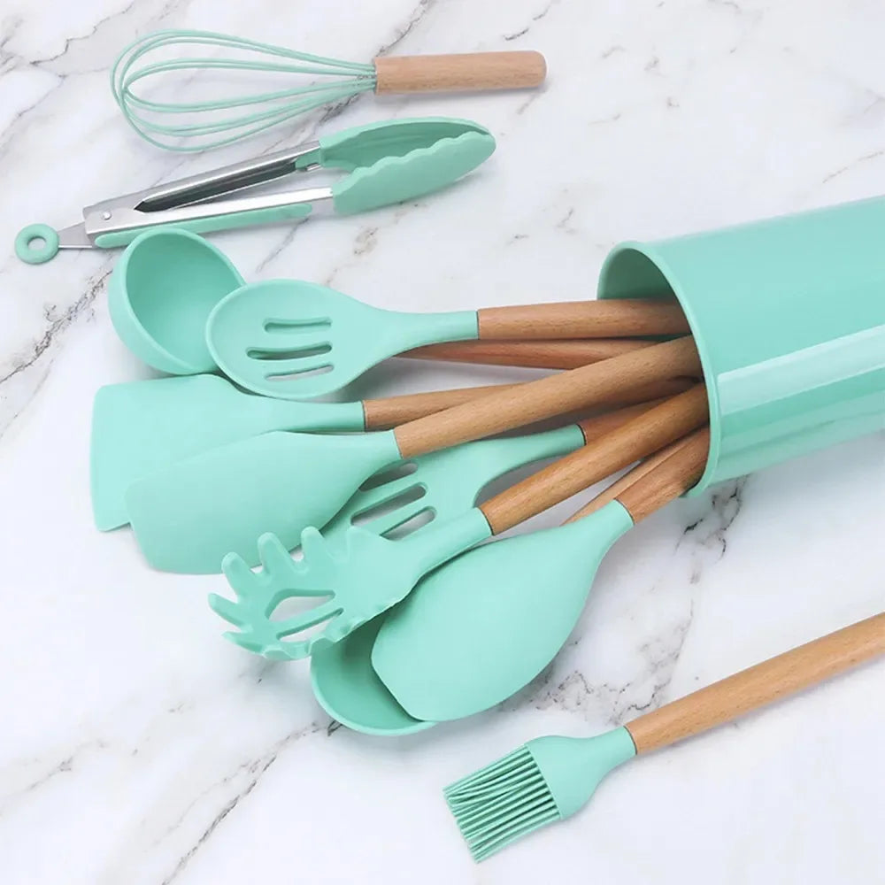 Silicone Colher Kit para Cozinha, BPA Antiferrugem, Madeira Conjunto de Utensílios De Cozinha, Jogo, 12 Peças
