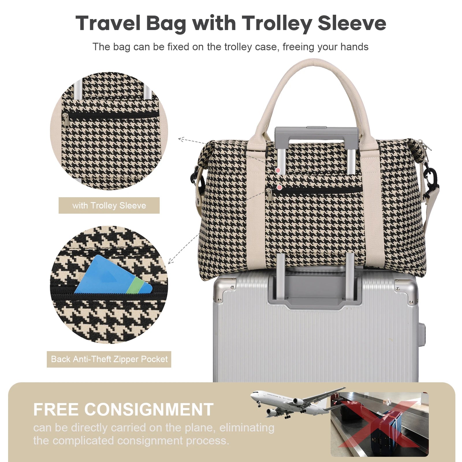 Bolsa de viagem, sacola de ginástica à prova d'água com bolsa crossbody, bolsa de mão para noite para mulheres, bolsa de hospital de lona