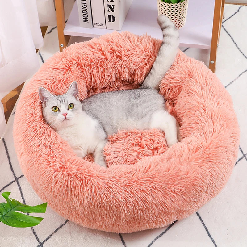 Cama longa de pelúcia para gatos, cesta para cães, almofada, cama para gatos, animais, sofá de dormir, 40-60cm, cama redonda para animais de estimação, cama grande para cães, super macia