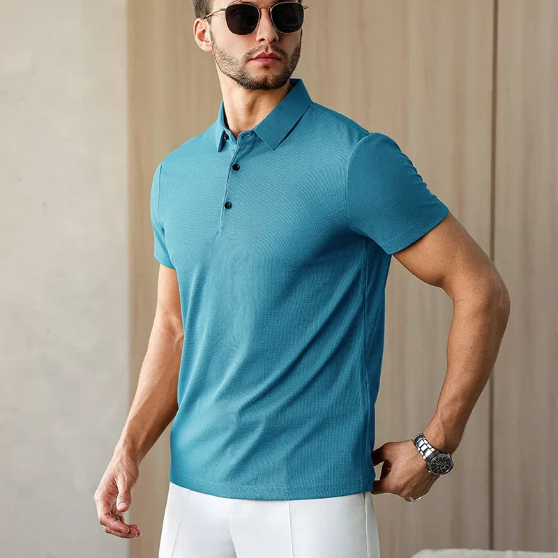 Novo negócio masculino casual camisa de manga curta cor sólida camisa polo moda respirável confortável versátil topo