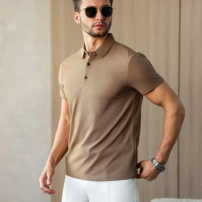 Novo negócio masculino casual camisa de manga curta cor sólida camisa polo moda respirável confortável versátil topo