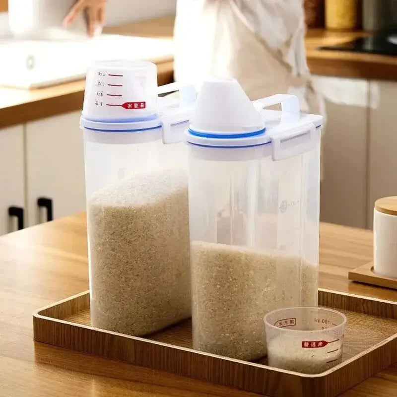 【Vendas quentes】 1pc recipiente de armazenamento de alimentos de arroz e grãos com copo de medição, cozinha à prova de umidade e à prova de insetos à prova de poeira