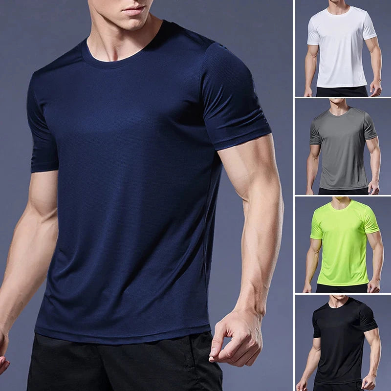 Homens de alta qualidade respirável secagem rápida correndo esportes fitness respirável confortável manga curta camiseta casual luz ginásio topos