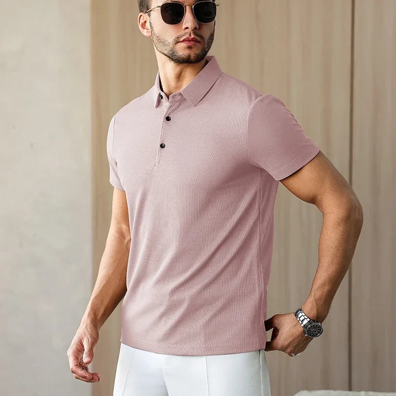 Novo negócio masculino casual camisa de manga curta cor sólida camisa polo moda respirável confortável versátil topo