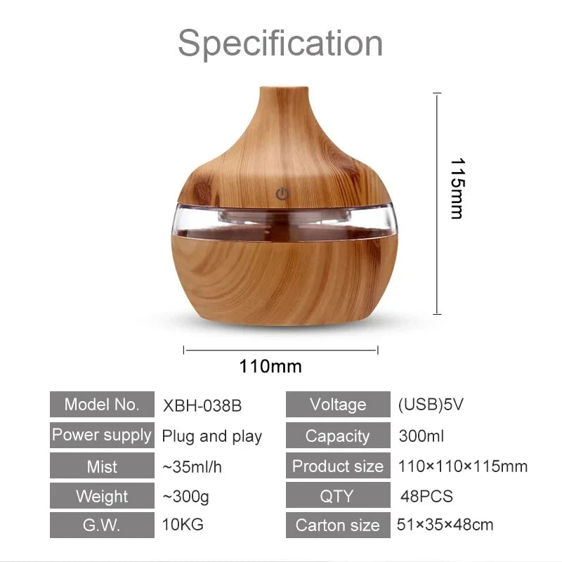 Umidificador elétrico aroma difusor de ar madeira umidificador de ar ultrassônico óleo essencial aromaterapia fabricante de névoa fria para casa 300ml