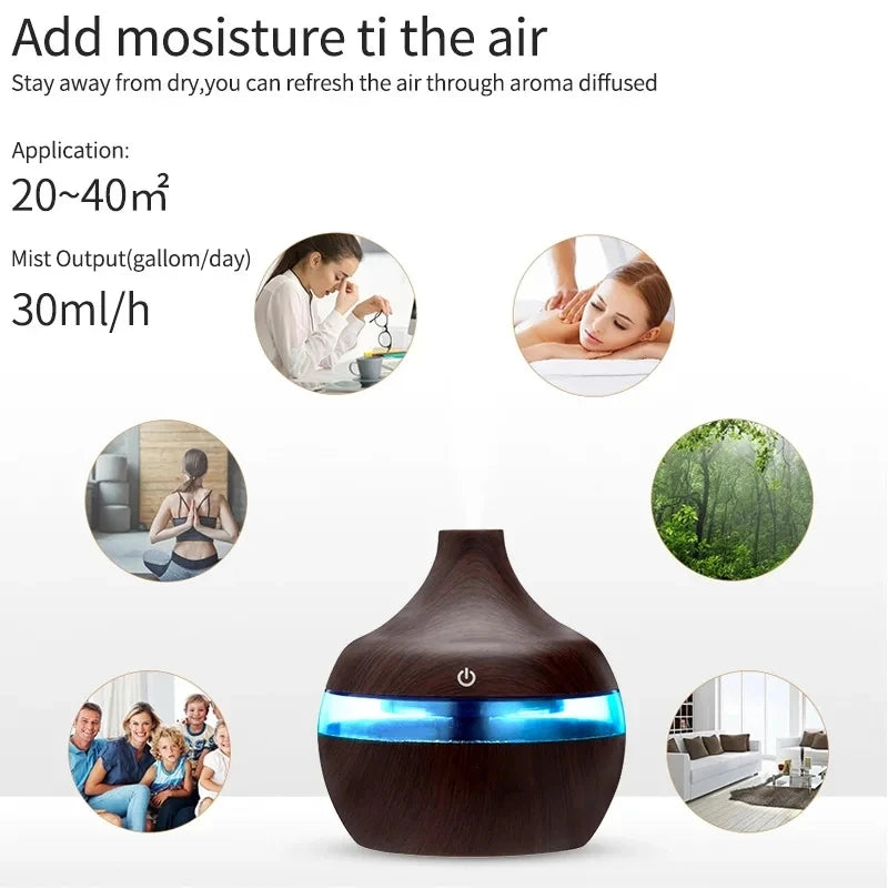 Umidificador elétrico aroma difusor de ar madeira umidificador de ar ultrassônico óleo essencial aromaterapia fabricante de névoa fria para casa 300ml