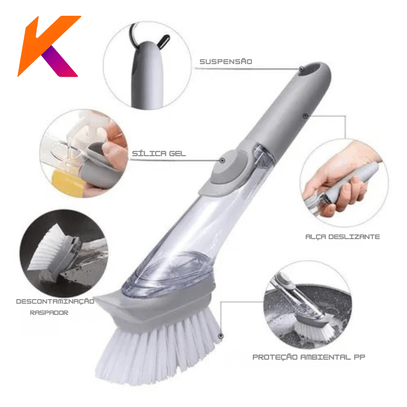 Escova Limpeza 2 em 1 Dispenser Detergente Prática Multifuncional Compacta Cozinha Higiene Durável Fácil Uso Armazenamento