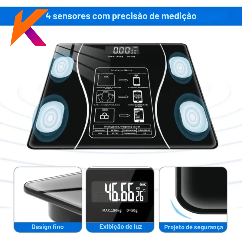 Balança Digital Corporal Bioimpedância até 180kg Medidora Peso Saúde Precisão Alta Performance Compacta Design Moderno