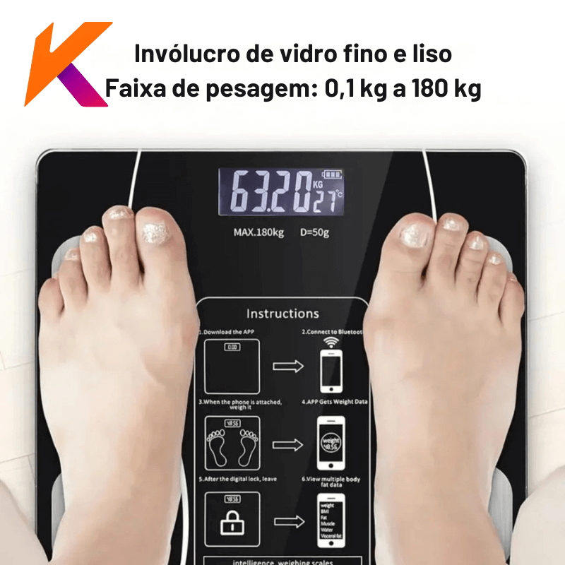 Balança Digital Corporal Bioimpedância até 180kg Medidora Peso Saúde Precisão Alta Performance Compacta Design Moderno