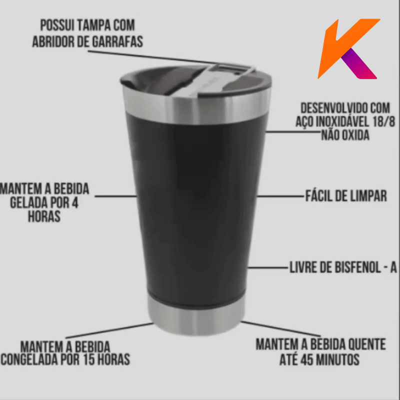 Copo Térmico  473ml Beba Gelado ou quente com Tampa e Abridor