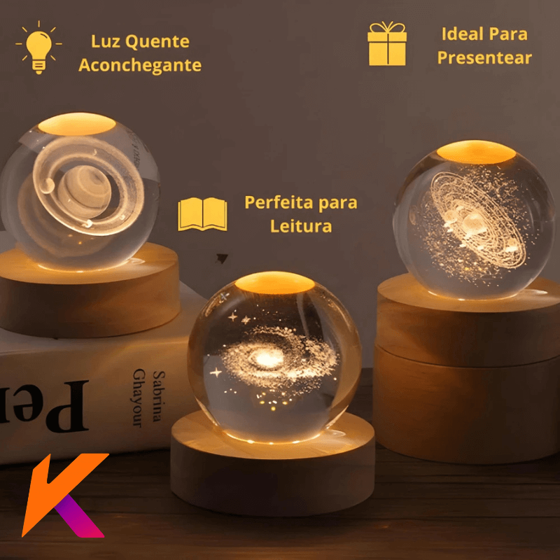 Luminária Cristal De Mesa Bola de Cristal Planeta Terra, Lua, Galáxia e Sistema Solar LED Base De Madeira Decoração